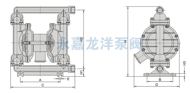 QBK鋁合金氣動(dòng)隔膜泵主要外表尺寸圖